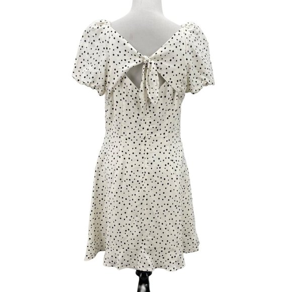 LOFT Size 8P Black Polka Dot Linen Blend Flounce Dress Square Neck Puff Sleeve - Picture 6 of 10